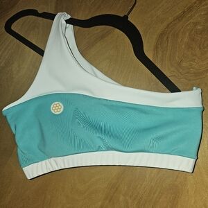 HONEY CUT One-Shoulder White and Teal Sports Bra ADULT MEDIUM